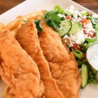 Chicken Fingers · Chopped salad, rice pilaf, french fries or feta fries, and a small drink.