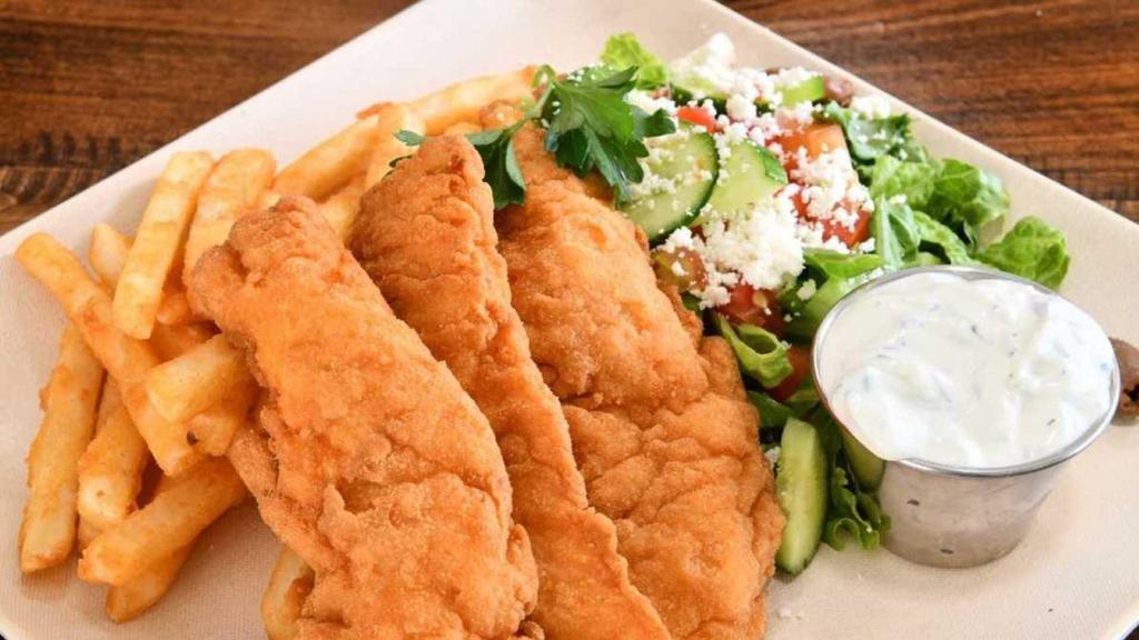 Chicken Fingers · Chopped salad, rice pilaf, french fries or feta fries, and a small drink.