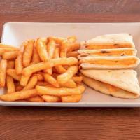 Grilled Cheese Pita · American cheese, rice pilaf, french fries or feta fries, and a small drink.