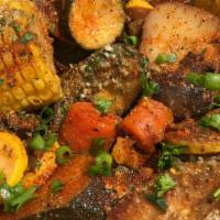 Vegan Boil · Smoked Zucchini, Squash, Cajun Carrots, Potatoes, Portobello Mushrooms, and Sweet Corn