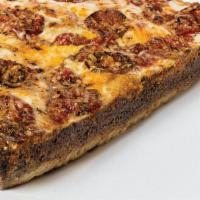 Detroiter · Wisconsin brick cheese, pepperoni on top, tomato basil sauce, shaved Parmesan cheese and Bud...