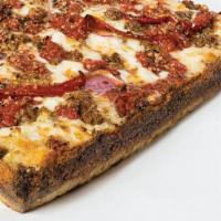 Spicy Italian · Motor City cheese blend, Italian sausage, roasted red peppers, red onions, garlic, tomato ba...