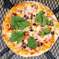 Small Garden Grove Pizza · Artichoke hearts, portobello mushrooms, black olives, onions, peppers, & spinach