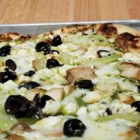 Small Greek Pizza · A pesto base with black olives, green tomato, chicken mozzarella and feta.