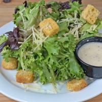House Salad · Organic leaf lettuce with grade tomatoes, red onions, mozzarella, and croutons.