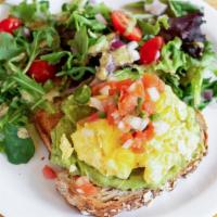 Avocado Toast · one sunny up egg, multigrain toast, avocado mash, pico de gallo, side salad with herb vinaig...