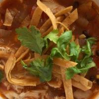 Chicken Tortilla Soup · Hearty 12 oz portion.  

Tomatoes, Spanish onion, black beans, yellow corn, poblano and red ...