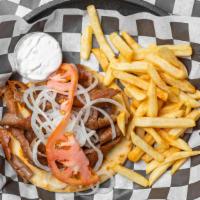 K-House Gyro · Gyro meat, tzatziki sauce, onion, and tomato wrapped in a pita.  Served with Fries