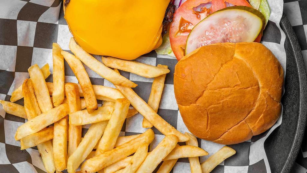 K-House Burger · American cheese and bacon. Burgers are USDA Certified Angus beef served on a toasted sesame bun with lettuce, tomato, onion, and pickle. Served with fries.