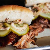 Pulled Pork Sliders · House-smoked pork shoulder, swiss cheese, sweet & spicy pickles, crispy shallots, sweet and ...