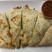Chicken Quesadilla · Grilled soft tortilla filled with char-grilled chicken breast, fresh green peppers, onions, ...