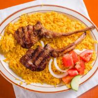 Lamb Chops · Tender marinated & char-broiled. Comes with two sides.