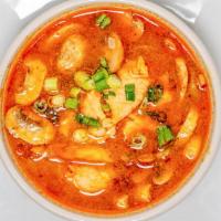 Tom Yum Soup (Already #2 Spicy) · Spicy. Hot and spicy soup with lime leaf, button mushrooms, lemongrass and tomato garnished ...