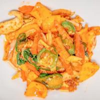 Pad Prik · Spicy. Bamboo shoots, carrots, white onion, basil, jalapeño peppers and bell peppers. Comes ...