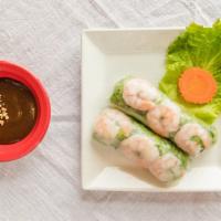 Shrimp Spring Rolls (2) · Rice paper roll with shrimp, lettuce and vermicelli noodle; served with peanut dipping sauce.