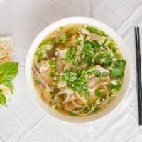 Three Choices Pho · Rice noodle soup with your own choice of (3) meats: rare steak, brisket, flank , fatty brisk...