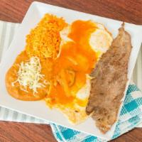 Los Comales Breakfast · Three eggs any style, cecina steak, rice, beans, salsa and tortillas.