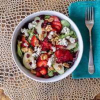 Strawberry, Apple Walnut Salad · Mixed greens, granny smith apple, strawberries, dried cranberries, roasted walnuts, blue che...