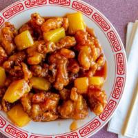 Pineapple Chicken · Sliced chicken meat stir fried with fresh pineapple, blended with vegetable, and a special s...
