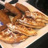 Chicken & Waffles · Three seasoned chicken wings and BB of MN buttermilk waffle