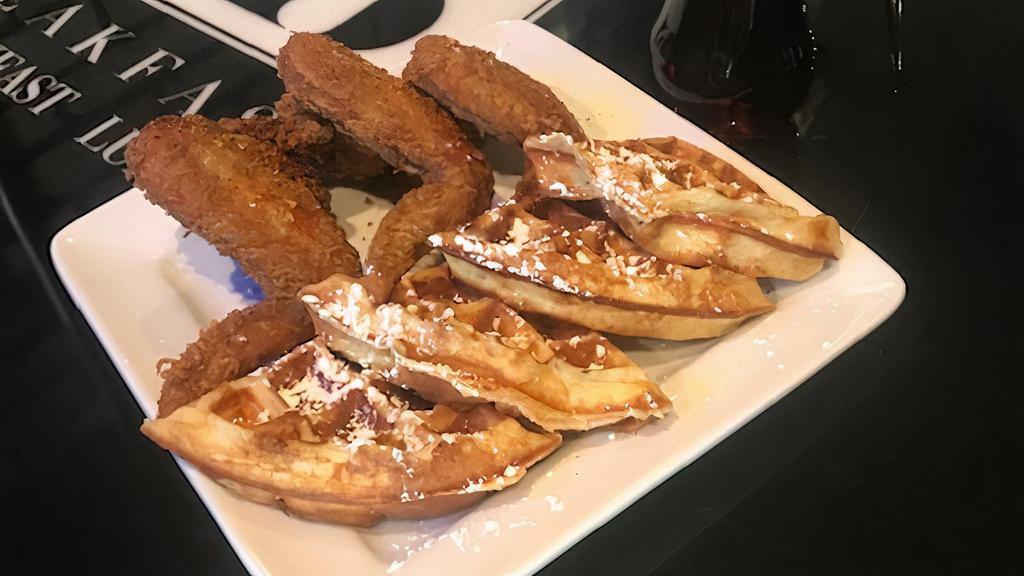 Chicken & Waffles · Three seasoned chicken wings and BB of MN buttermilk waffle