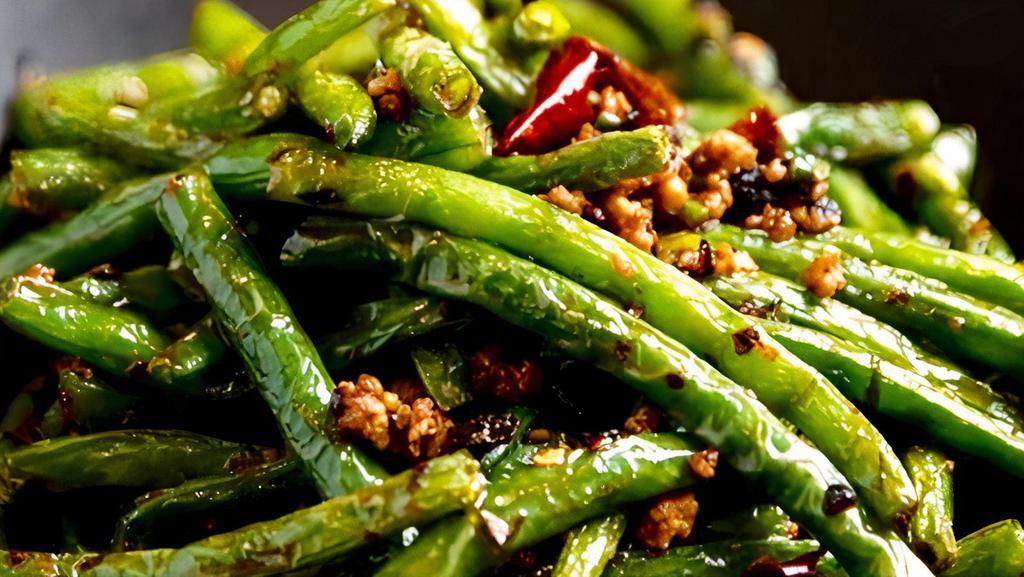 Dry Stir Fried Green Beans · Green beans, garlic, ginger, Szechuan red pepper, ground pork, and preserved Szechuan vegetable.