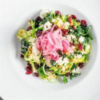 Farro · Vegetarian. Shaved brussels sprouts, kale, pickled red onions, dried cranberries, Feta, whol...