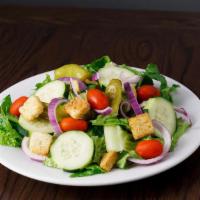 Italian Table Salad Large · Romaine lettuce, grape tomatoes, red onion, cucumber, pepperoncini, croutons.