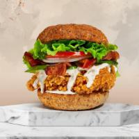 Avo Bacon Day Fried Chicken Sandwich · Buttermilk fried chicken, sliced avocado, applewood smoked bacon, lettuce, tomatoes, ranch, ...