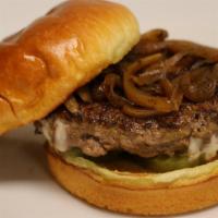 Juicy Lucy Burger · Two Prime beef patties stuffed with american cheese | Pickles | grilled onions | Brioche Bun