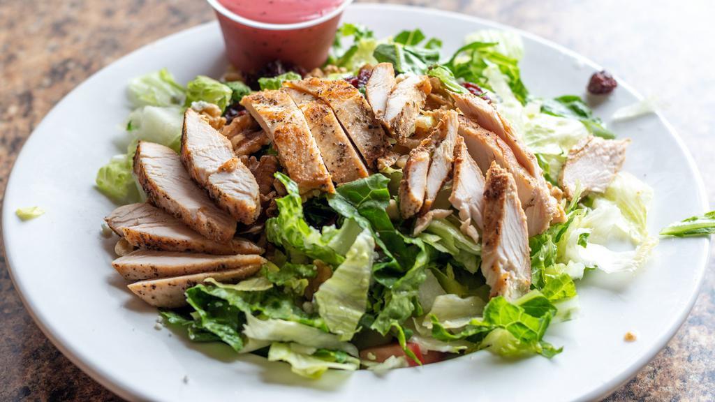 Michigan Cherry Salad · Mixed greens, dried cherries, walnuts and gorgonzola topped with grilled chicken and served with raspberry vinaigrette.