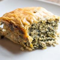 Spinach Pie · Spanakopita. homemade spinach and feta cheese mixture baked in layers of phyllo.