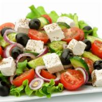Greek Salad · Fresh Salad made with mixed greens, tomatoes, cucumbers, onion, feta cheese, and olives. Ser...