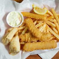 Fish & Chips (4 Piece} · Atlantic cod, fries, coleslaw, roll, tartar and lemon