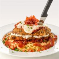 Double Down Chicken Parmigiana · Sure bet! double stack of chicken parmigiana with layers of house-made alfredo sauce, melted...