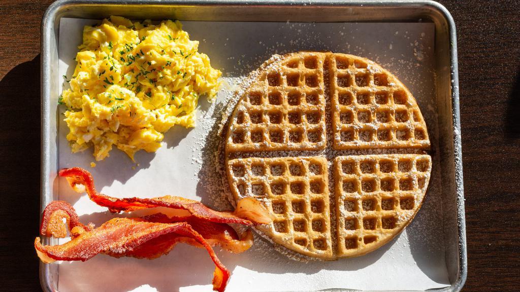 The Regular · Waffle, eggs, and your choice of bacon or sausage. Add flats, drums or chicken substitutions for an upcharge.