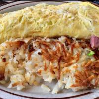 Farmer'S Omelette · With sausage, green peppers, cheese, onions and hash browns inside.
