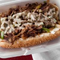 Philly Steak Cheese · With green peppers, onions and Swiss cheese.