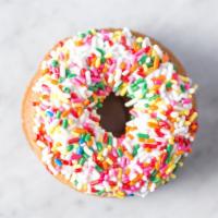 Birthday Cake Sprinkles · Yellow cake donut, vanilla iced, loads of sprinkles.