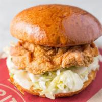 Fried Chicken Sandwich · Crisp and flavorful, pickle, mayo, lettuce, bread and butter pickles.