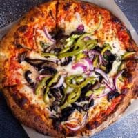 Super Veggie Pizza · Our fresh, daily made dough, loaded with fresh mushrooms, artichoke hearts, roasted red pepp...