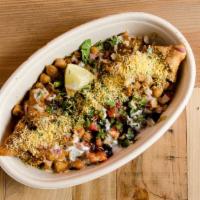 Chicken Samosas Chaat Style · Made from scratch pastry filled with marinaded minced chicken, topped with Chana Masala (Chi...