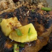 Vegan Caribe Bowl · Yellow Rice, Fried Plantains, Jerk Vegan Fried Chicken topped with pineapple and green onion