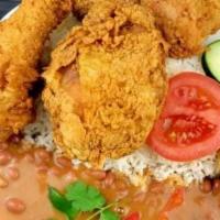  Fried Chicken,Rice,Beans,Salad · White Rice loaded with fried chicken, stewed beans and salads