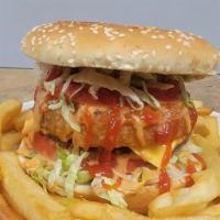 Johnny Big  Burger  · An Angus..Burger loaded with onion rings, lettuce, tomatoes, Mayo.. chimichurry sauce and fr...