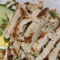Grilled Chicken Salad · Grilled chicken, tomatoes, cucumbers, croutons and choice of dressing.