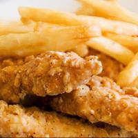 Chicken Strips (5 Pieces) · Breaded chicken served with fries.