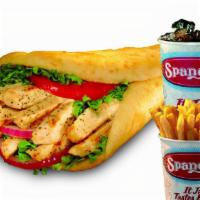 Grilled Chicken On Pita Value Pak · Grilled Chicken strips, tomatoes, lettuce, tomato, onions and pickles served on grilled pita...