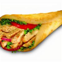 Grilled Chicken On Pita · Grilled Chicken strips, tomatoes, lettuce, onions, pickles, served on butter-toasted pita br...