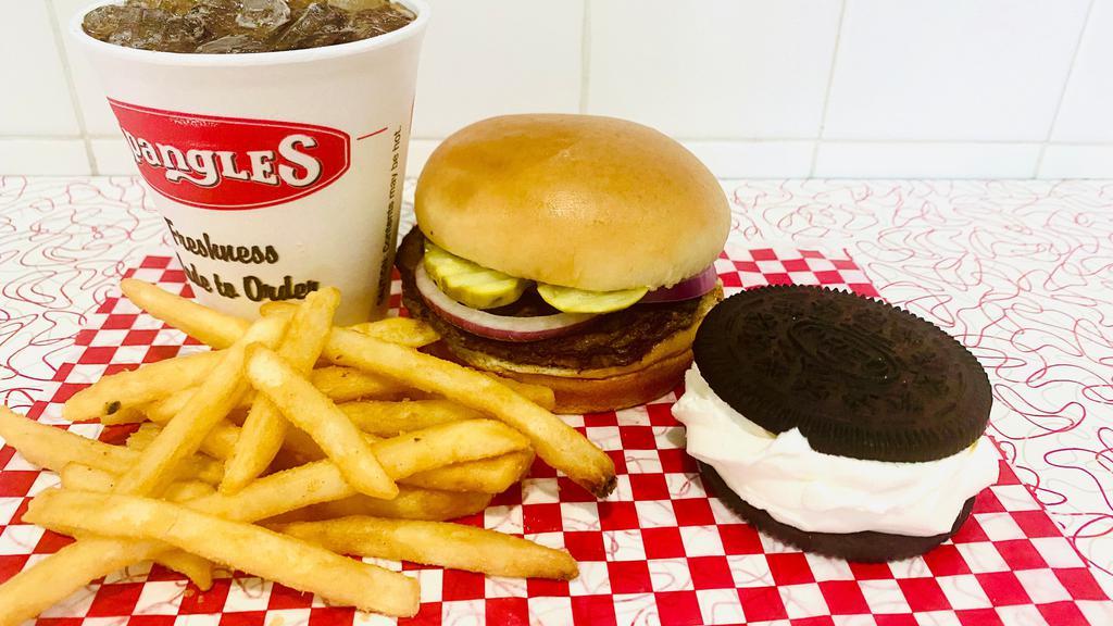 Kids Value Pak - Hamburger · Hamburger with mustard, pickles, ketchup and onions; includes side fries, 12 oz. drink and an Oreo Kreme Sandwich